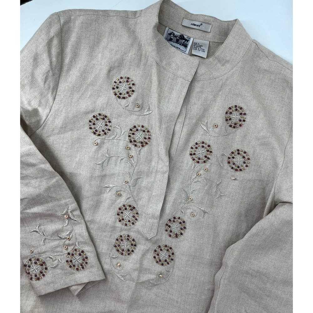 Edward Irish Linen Tunic Top Womens Large Beige Embroidered Beaded 3/4 Sleeve L